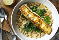 Pan-Seared Halibut with Garlic White Beans and Lemon Butter