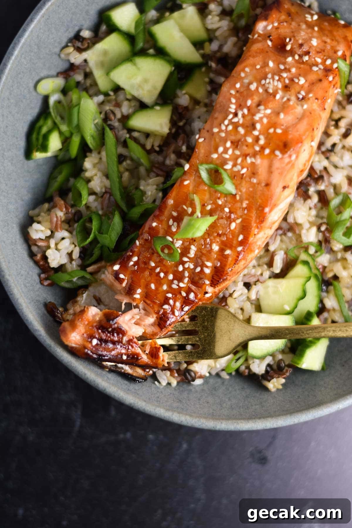 Salmon on top of rice with green onion and cucumber.