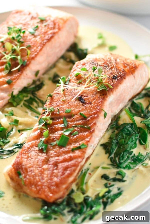 Two salmon with spinach cream sauce on a white plate