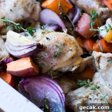 White dish containing roasted chicken with sweet potatoes, carrots, and red onions topped with fresh thyme.