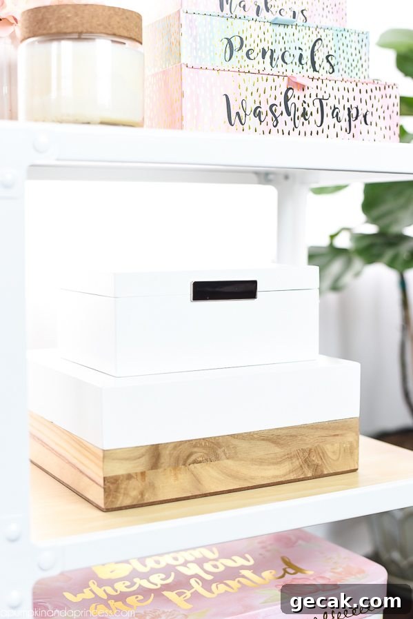 Storage Cart Office Organization – keep your office organized with a storage cart and pretty pink and white organization boxes.