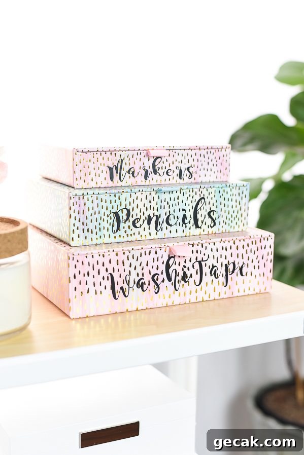 Storage Cart Office Organization – keep your office organized with a storage cart and pretty pink and white organization boxes.