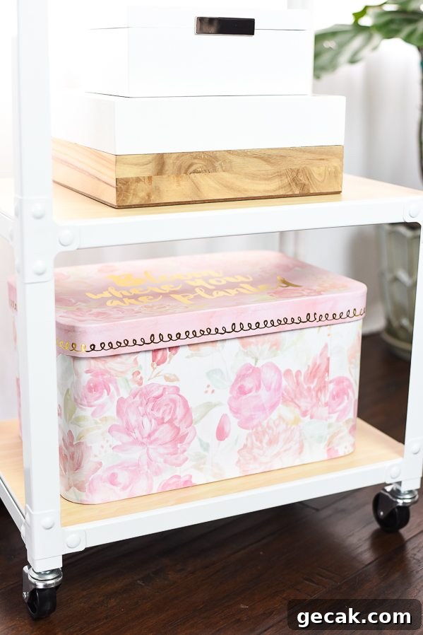 Storage Cart Office Organization – keep your office organized with a storage cart and pretty pink and white organization boxes.