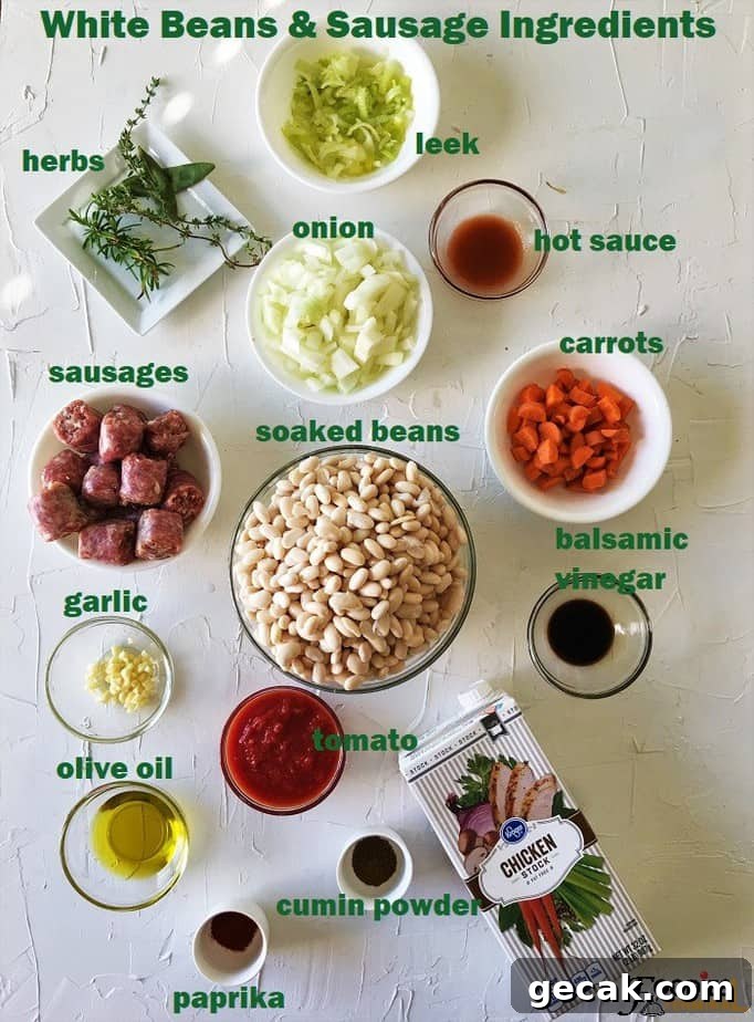 Sausage and beans recipe ingredients in bowls