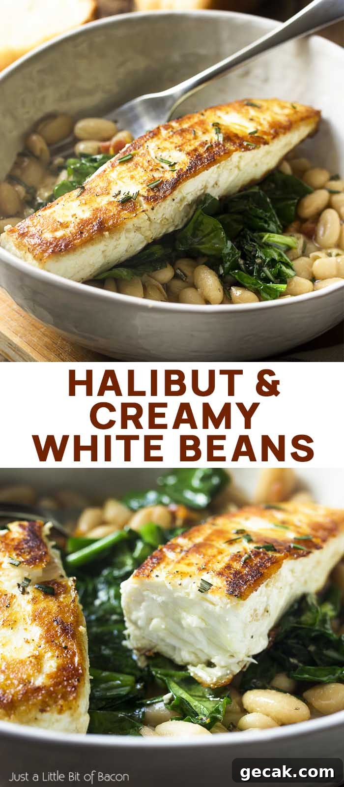 Two views of the recipe with text overlay - Halibut and Creamy White Beans.