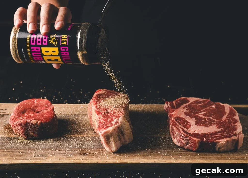 Three steaks on a wooden cutting board being seasoned with Hey Grill Hey Beef Rub.