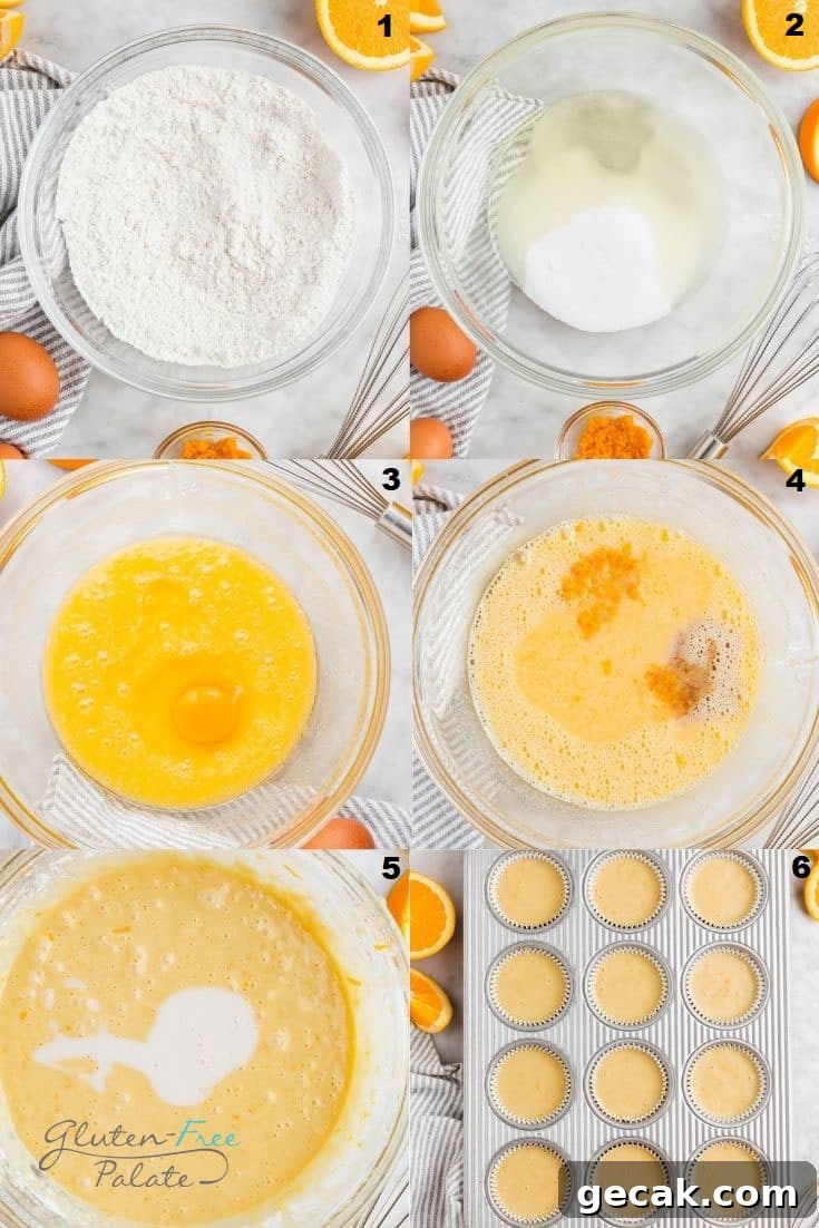 Gluten-Free Orange Cupcakes Recipe with Zesty Citrus Frosting 5 a collage of six photos showing the steps to make gluten free orange cupcakes
