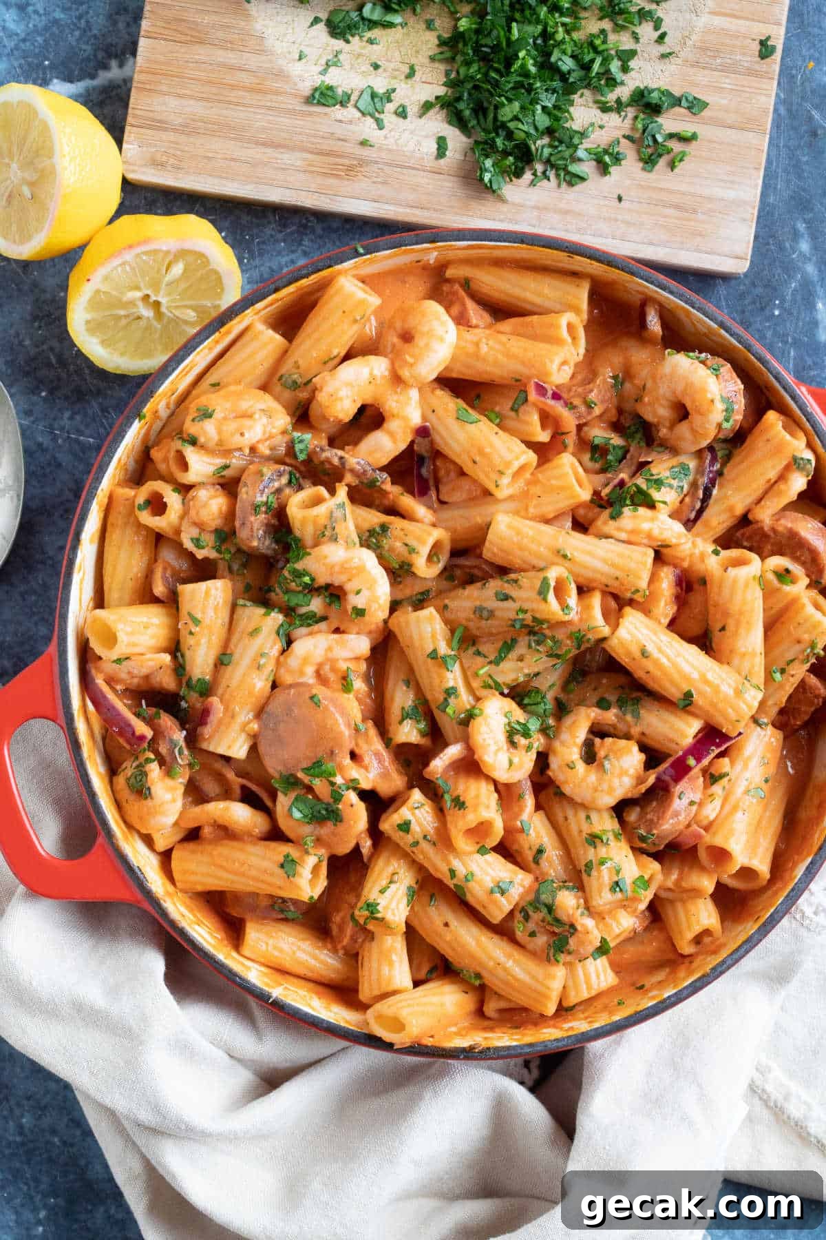 Chorizo and prawn pasta with lemon and parsley.