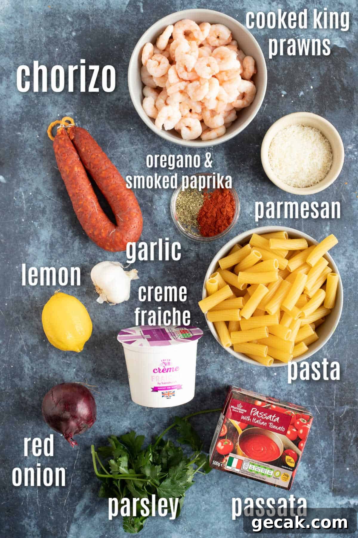 Ingredients for chorizo and prawn pasta.