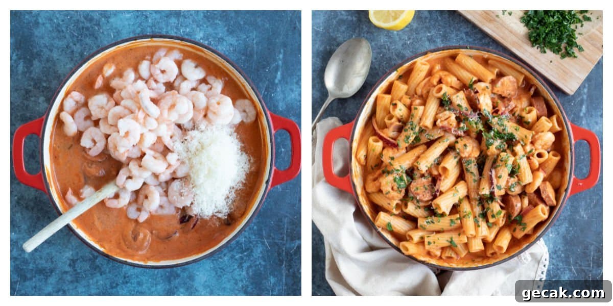 Creamy chorizo and prawn pasta with parsley.