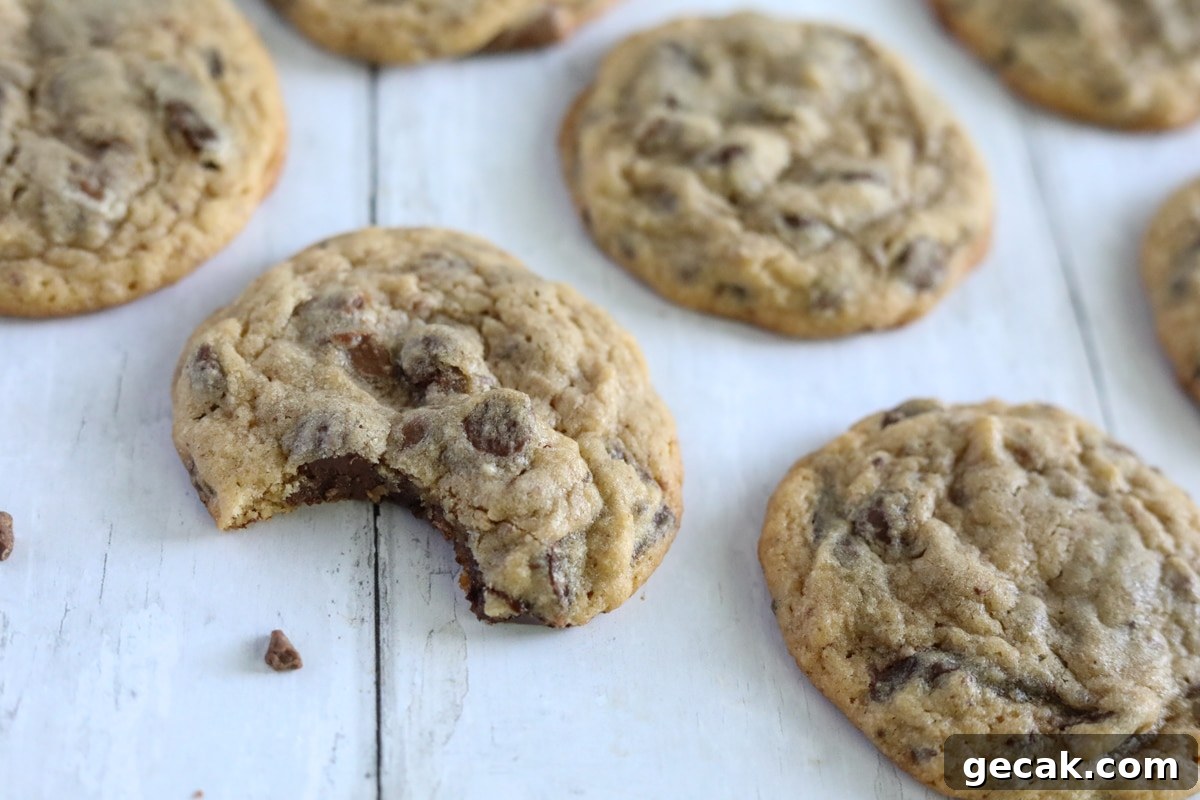 chewy chocolate chip cookies on a white background one has a bit taken out of i showing the ooey gooey inside with lots of chocolate chips.