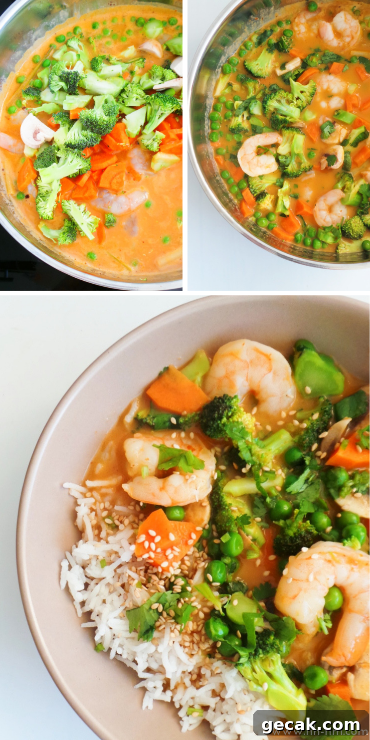 Coconut Shrimp Curry with Creamy Coconut Milk and Aromatic Spices 3 Coconut shrimp curry - a tasty and healthy dinner that is spicy, creamy and simply delicious! You can make this easy Thai shrimp recipe in around 30 minutes, using red curry paste, coconut milk, lime leaves and vegetables. You can also easily use chicken instead of shrimp to make a healthy chicken curry.