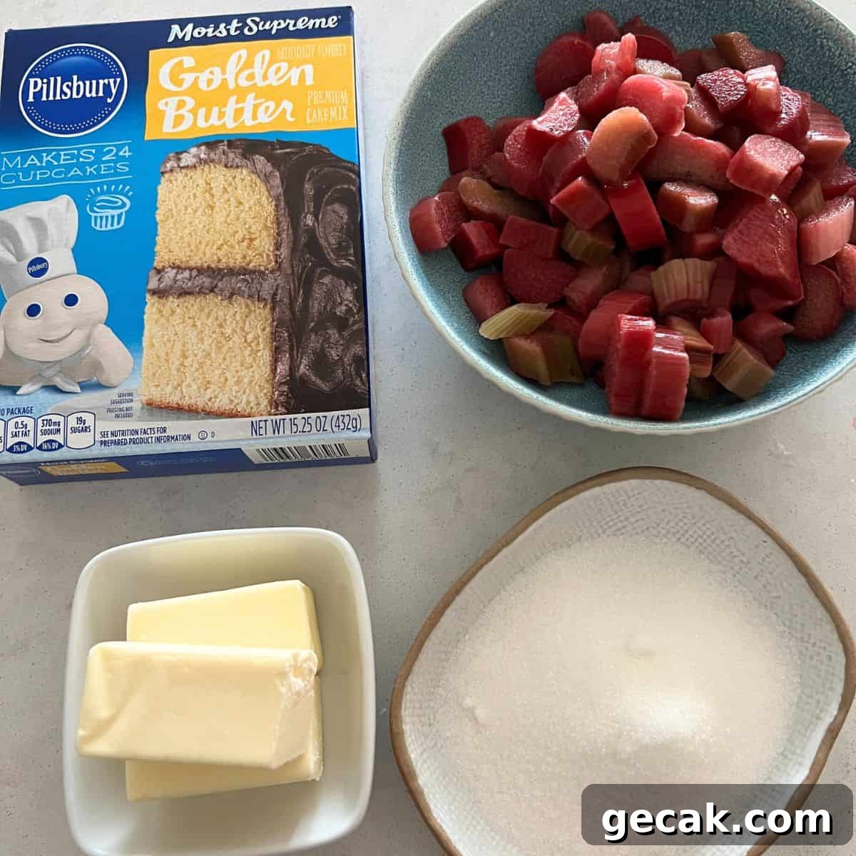 Rhubarb Dump Cake Recipe: Simple Rustic Dessert for Spring 3 Ingredients needed for Rhubarb dump cake.