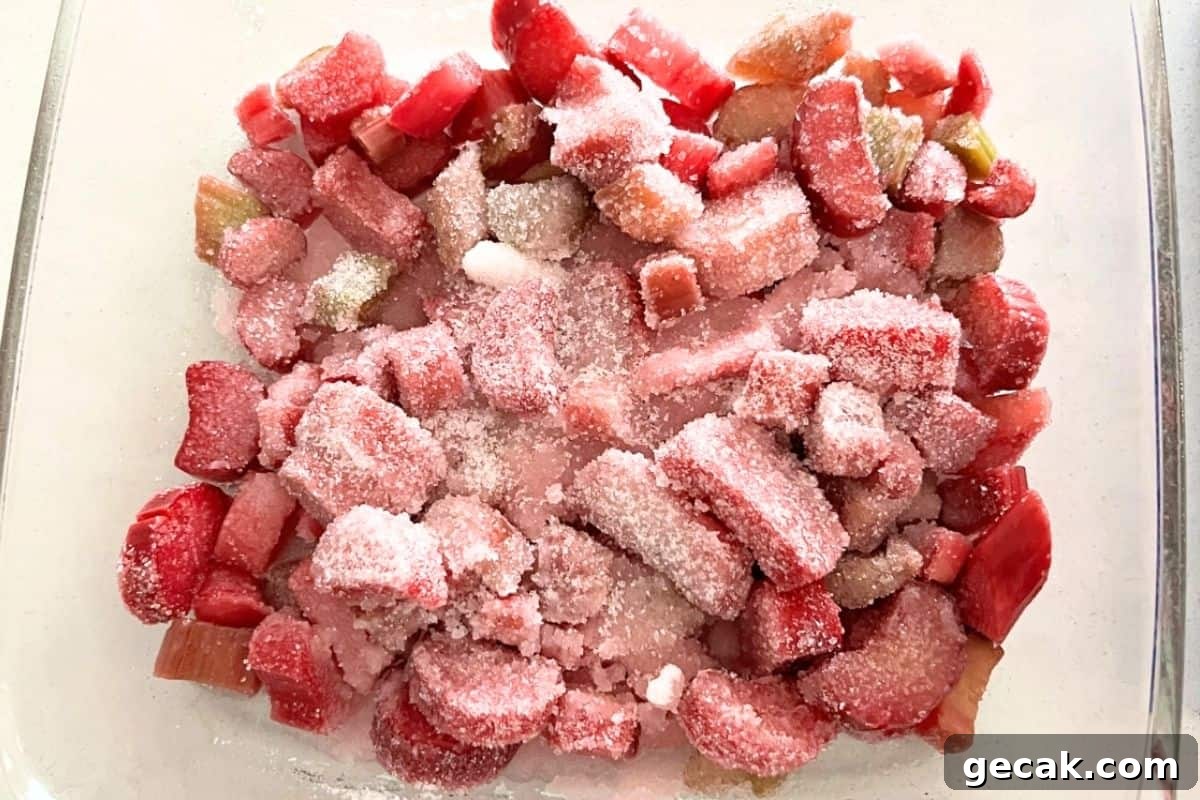 Rhubarb Dump Cake Recipe: Simple Rustic Dessert for Spring 4 Rhubarb and sugar on the bottom of a cake mix pan.