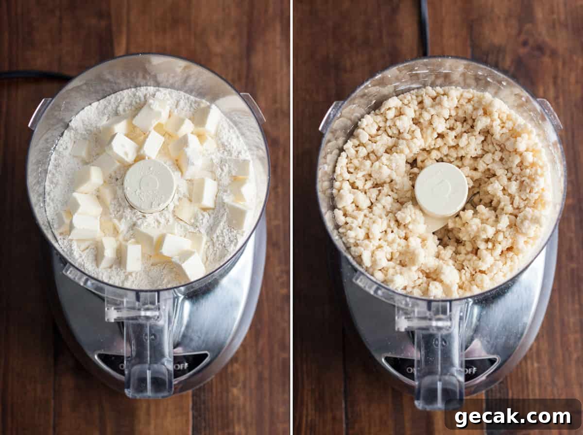 Collage of 2 photos showing pie dough being made in a food processor.