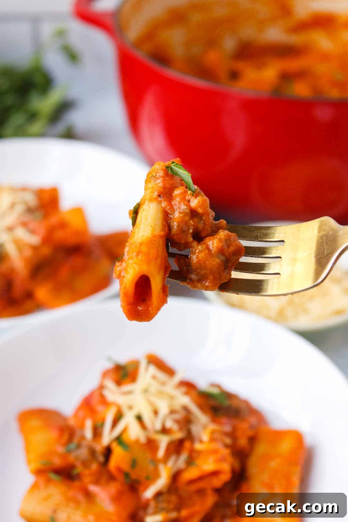 Creamy One Pot Rigatoni on a fork