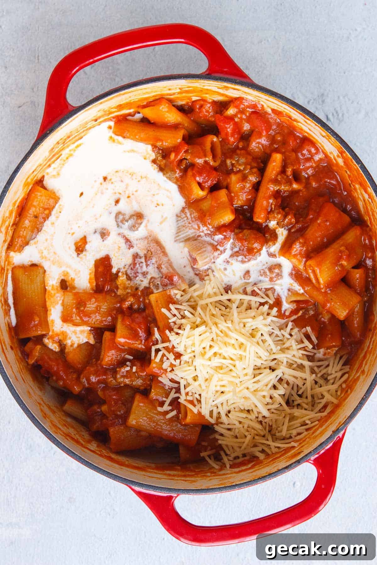 Heavy cream and parmesan were added to the rigatoni