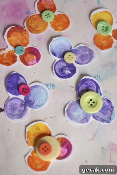 pansies with button centres, stamped with corks