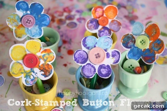 cork stamped flowers in egg cups - easy flower craft for kids