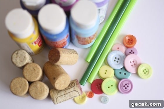supplies for cork and button flower craft