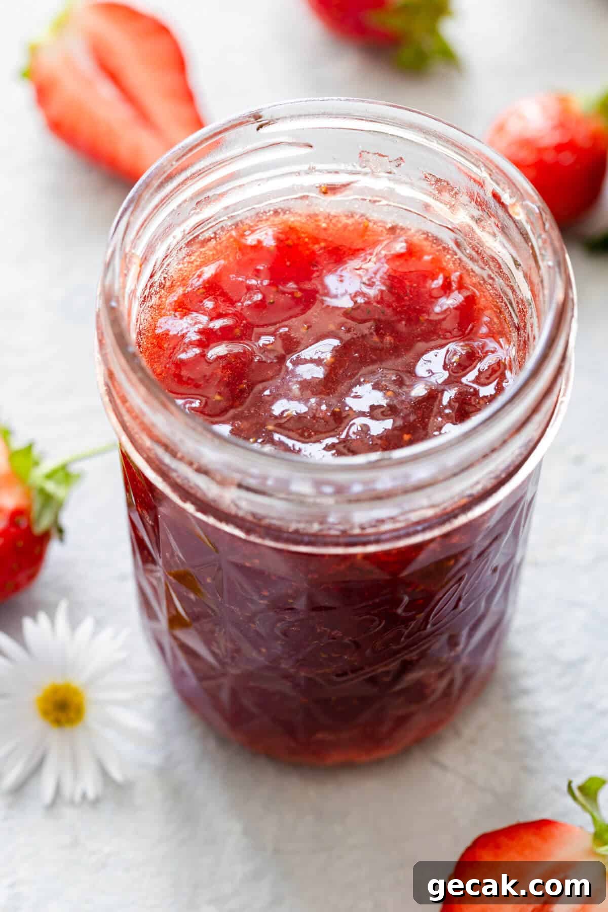 Homemade Strawberry Jam Recipe: Small-Batch Method for Fresh Flavor 8 top view side close up of open jar with jam inside