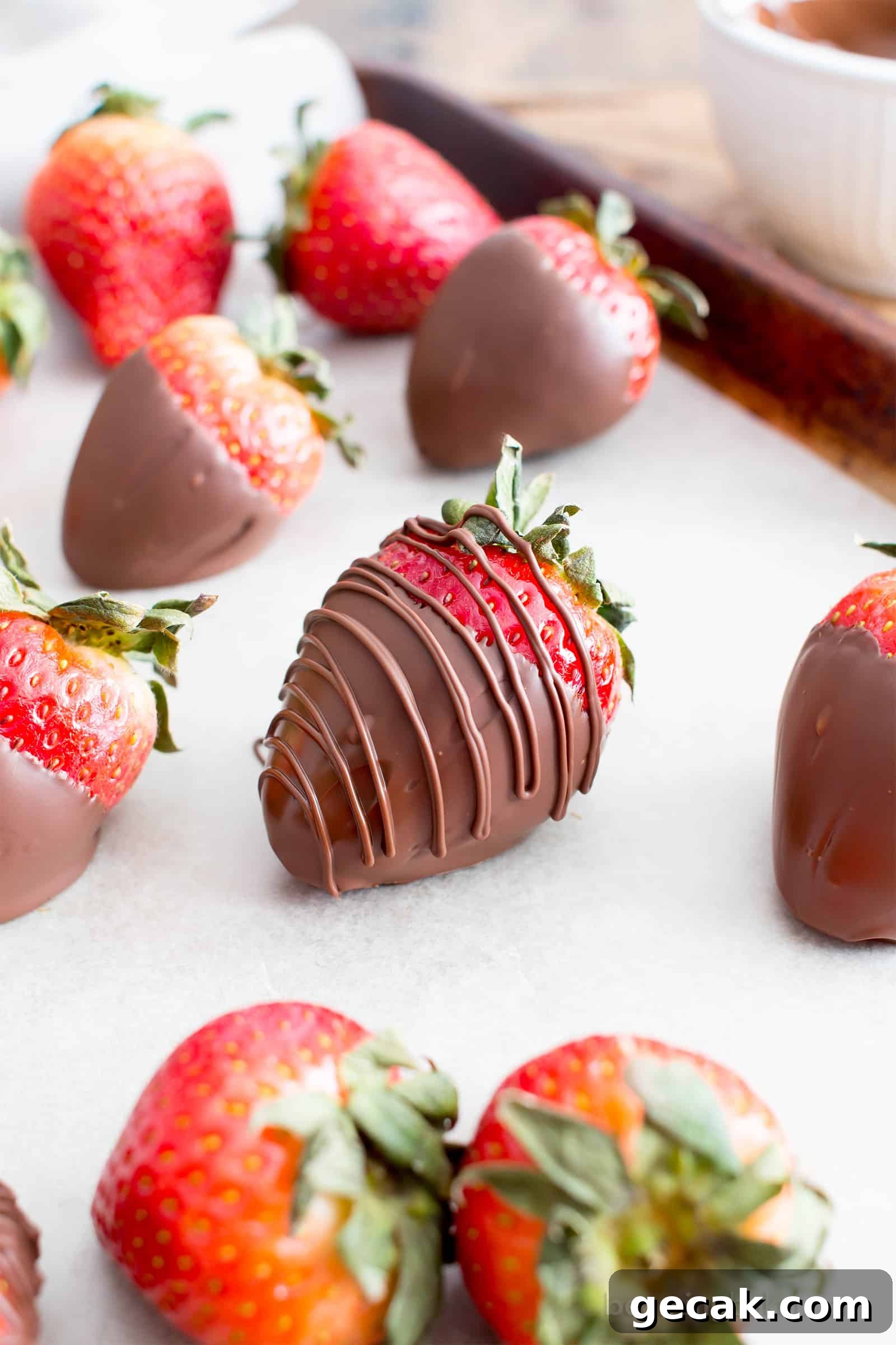Chocolate-dipped strawberries on a tray