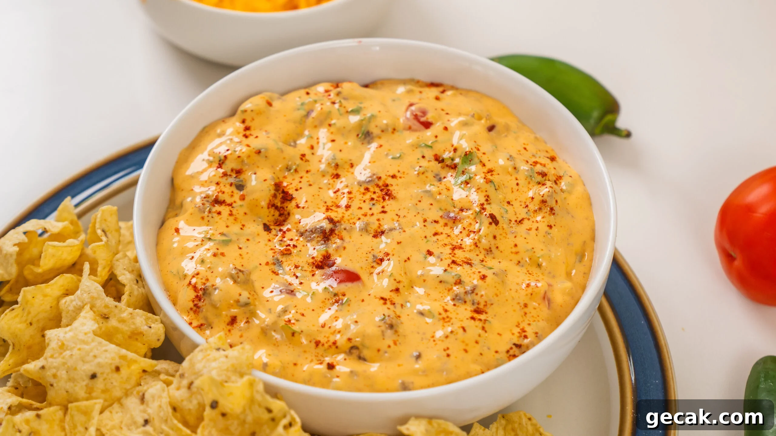 Cottage cheese quaso dip in a white bowl surrounded by nacho chips.