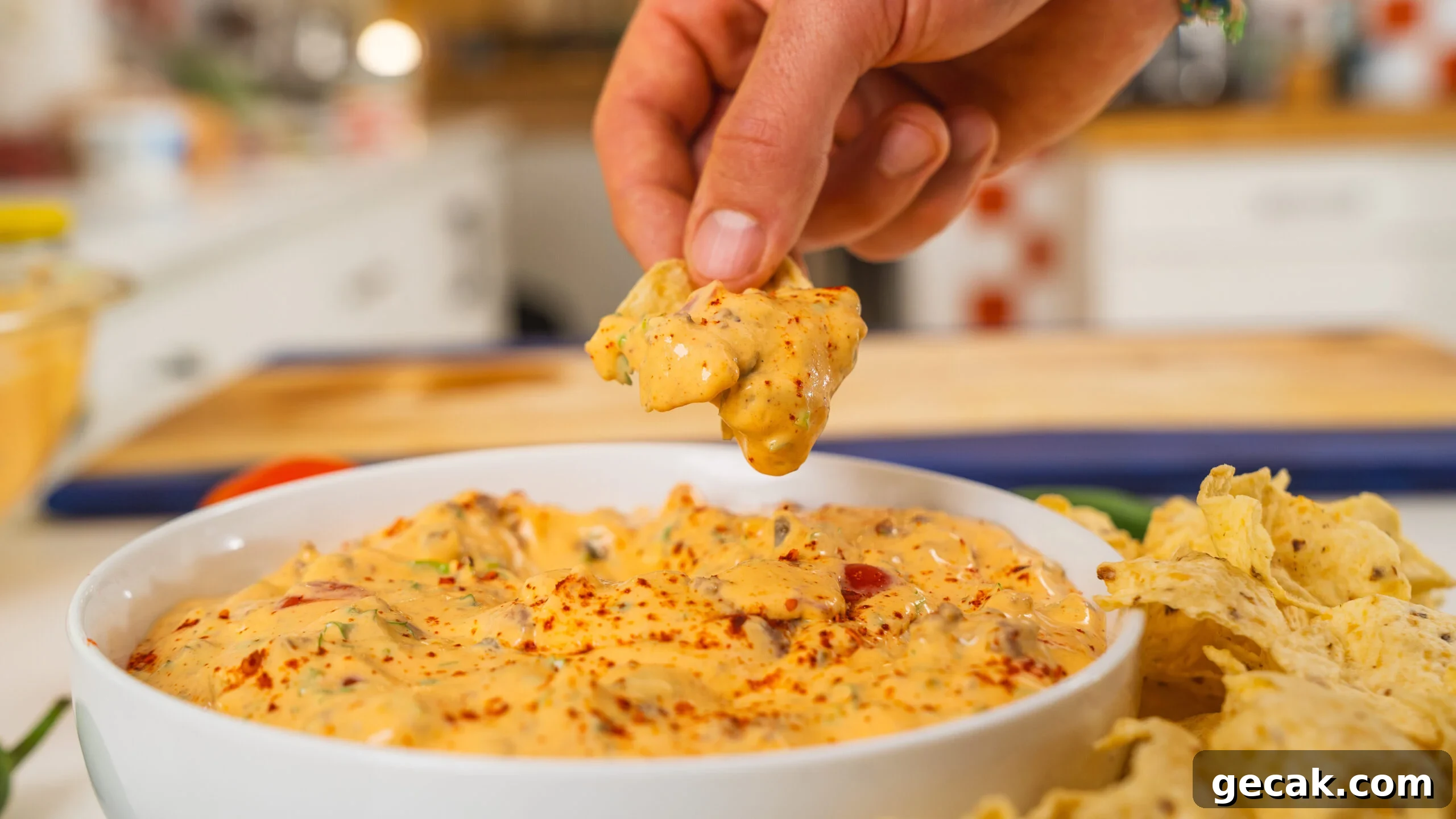 A hand scooping up some cottage cheese queso with a nacho chip