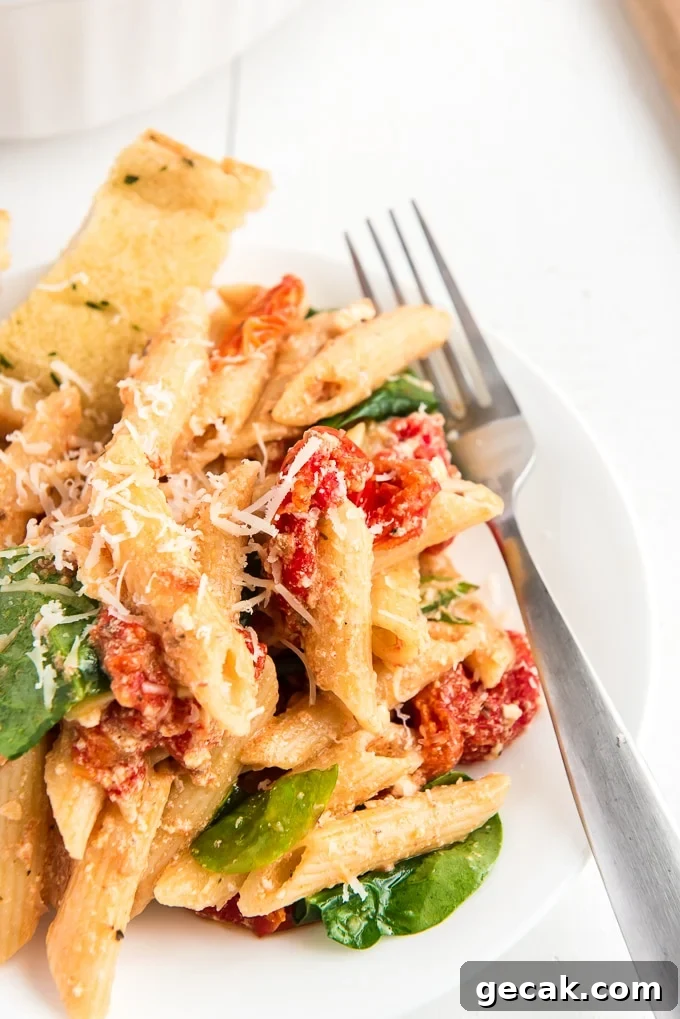 Cheesy Baked Penne Pasta with Crispy Breadcrumb Topping 2 Penne noodles are tossed in baked feta cheese and tomatoes on a plate.