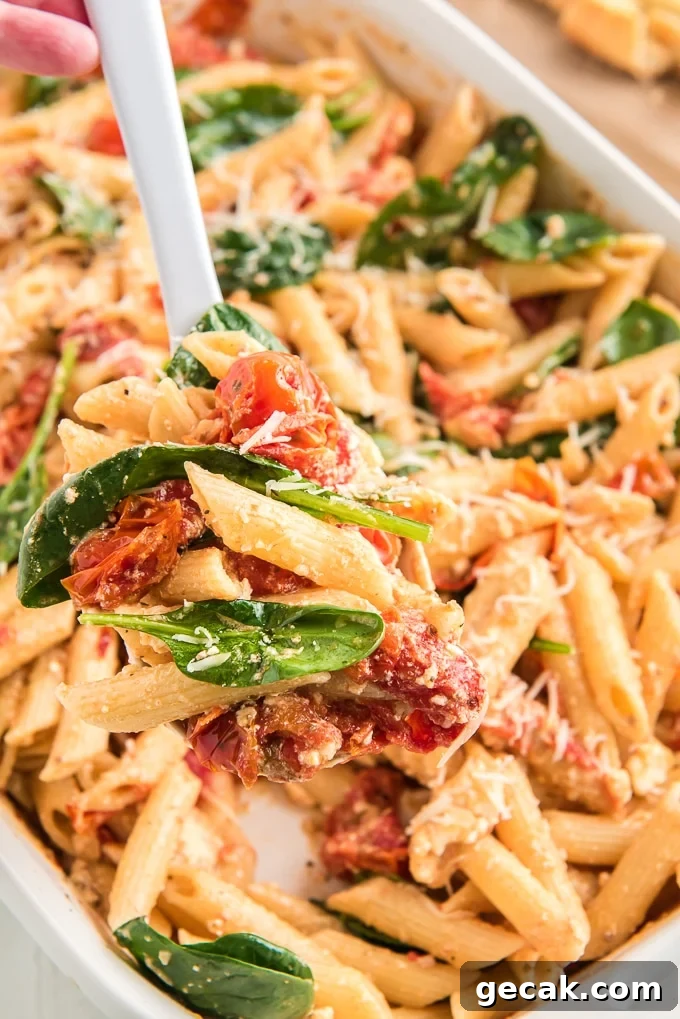 Cheesy Baked Penne Pasta with Crispy Breadcrumb Topping 7 A large serving spoon is lifting a portion of pasta from the casserole dish.