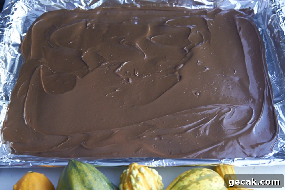 Melted chocolate spread onto a foil-lined baking sheet.