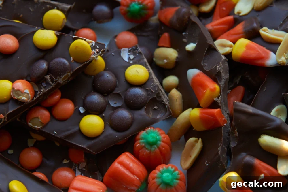 Chocolate bark topped with candy corn, peanuts, and Reeses pieces.