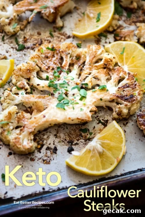Parmesan-Roasted Cauliflower Steaks with Garlic and Herbs 2 keto cauliflower steaks on pan