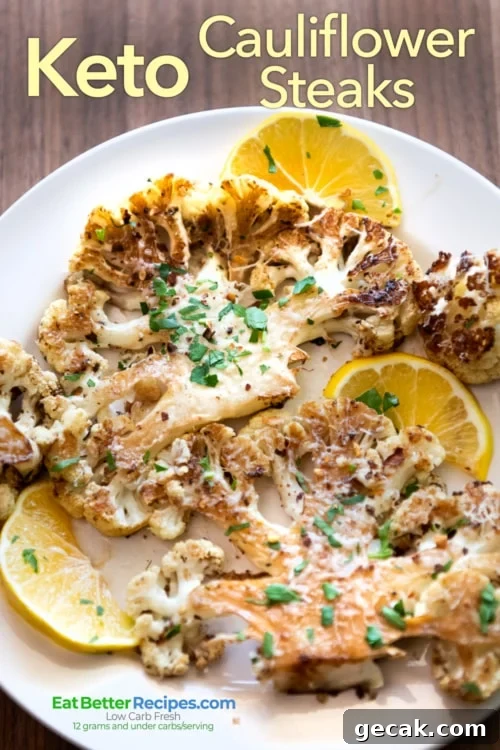 Parmesan-Roasted Cauliflower Steaks with Garlic and Herbs 3 cauliflower steaks on plate