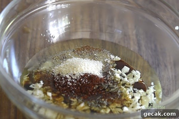 Parmesan-Roasted Cauliflower Steaks with Garlic and Herbs 6 Marinade ingredients in glass bowl
