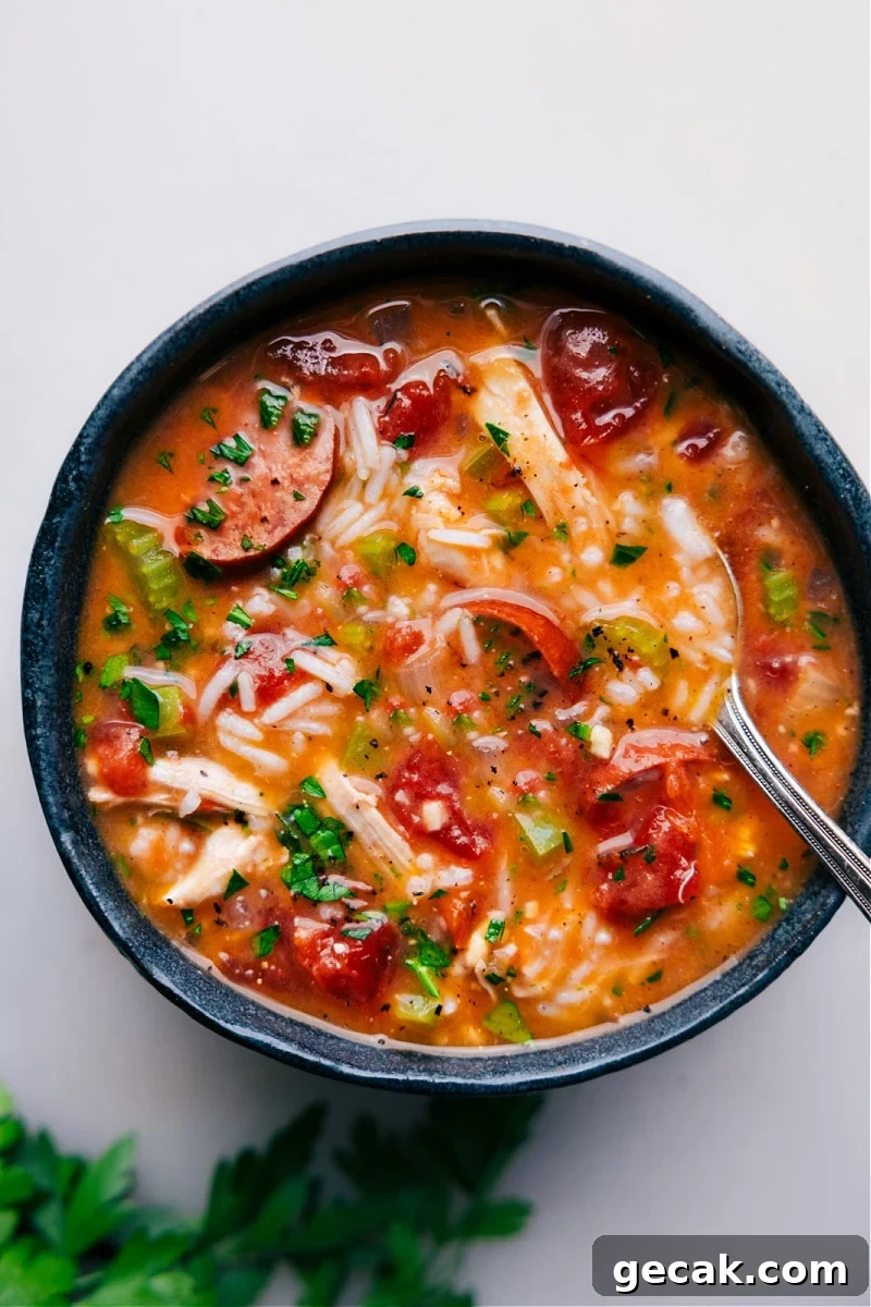 Overhead image of the Instant Pot Chicken, Sausage, and Rice in a bowl