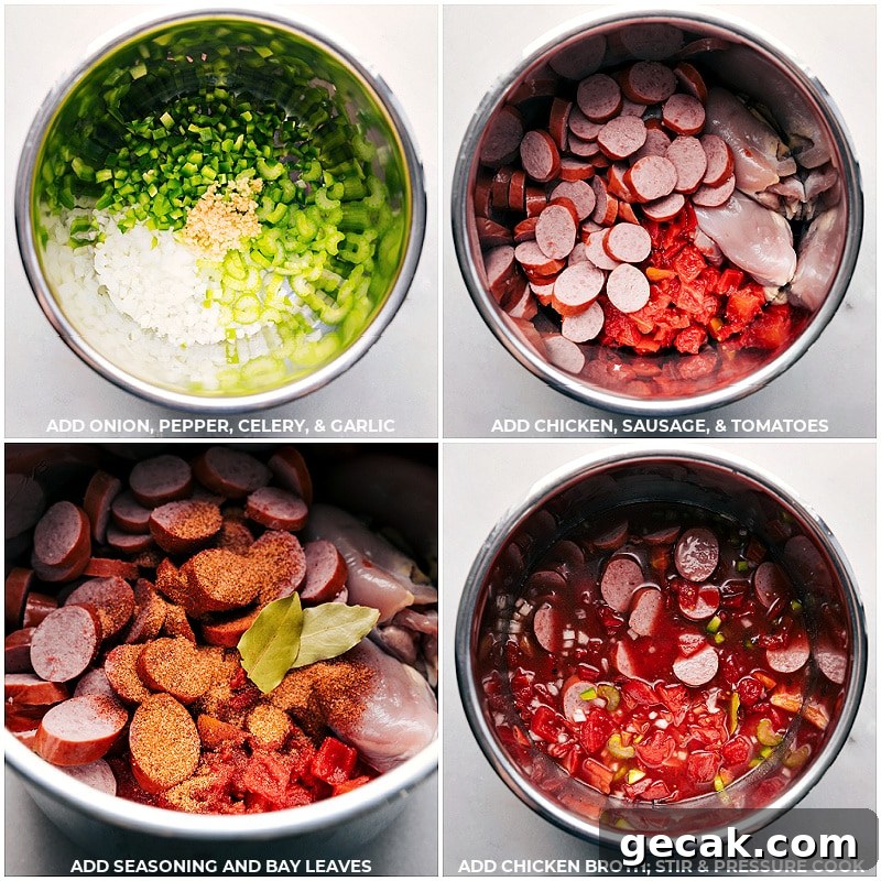 Process shots of Instant Pot Chicken, Sausage, and Rice-- images of onion, pepper, celery, chicken, sausage, tomatoes, seasonings, and chicken broth being added to the instant pot