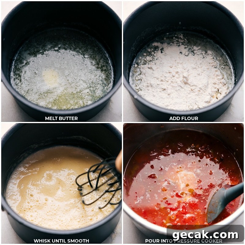 Proces shots-- images of the cream sauce being made and added to a pressure cooker