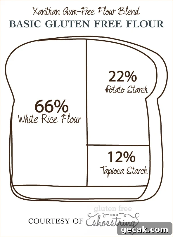 Gluten-Free All-Purpose Flour Blend Without Xanthan Gum 2 An illustrated piece of bread with an explanation of how to make gum free gluten free flour blend with three ingredients.