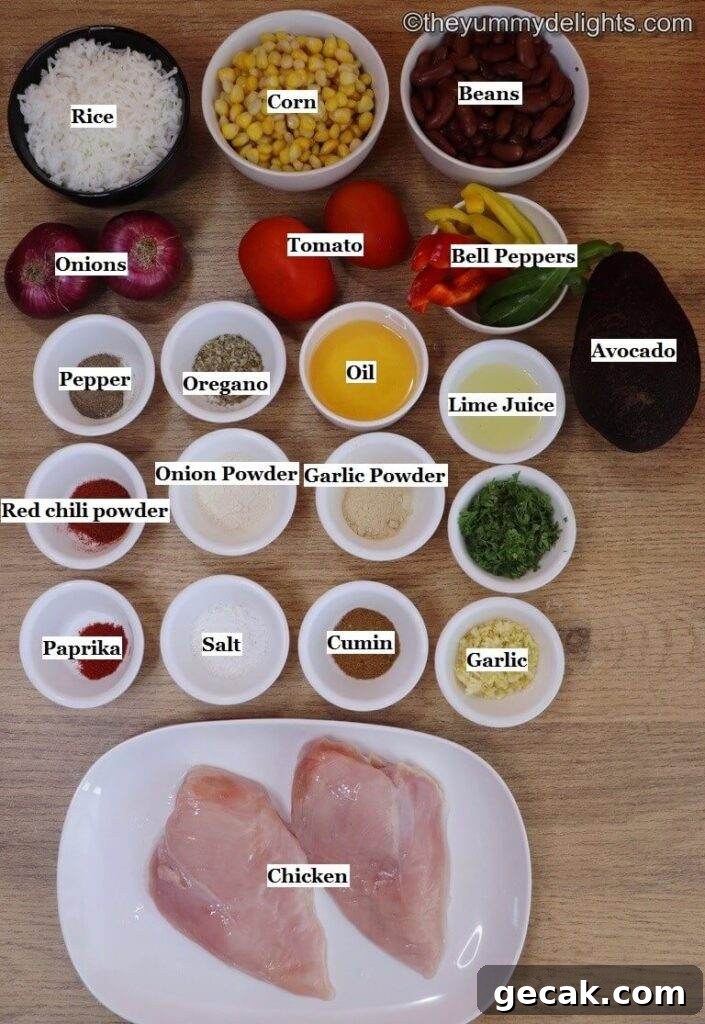 individually labeled ingredients to make chicken fajita rice bowl laid out on a table.