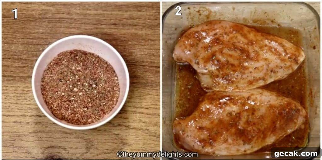 Collage image of 2 steps showing making fajita seasoning and marinating the chicken to make fajita chicken bowl.