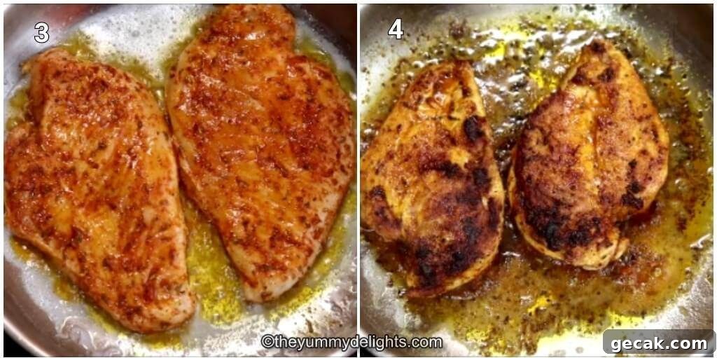 Collage image of 2 steps showing pan-searing the chicken to make chicken fajita rice bowl.