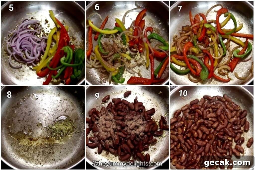 Collage image of 6 steps showing cooking the fajita veggies and beans to make chicken fajita rice bowl recipe.