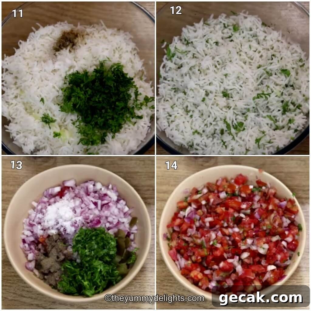 Collage image of 4 steps showing making cilantro lime rice and salsa for chicken fajita rice bowl.