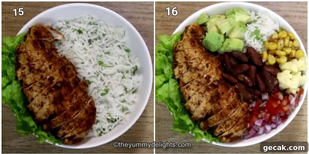 Collage image of 2 steps showing assembling the chicken fajita rice bowl.