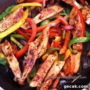 chicken fajitas in a pan.