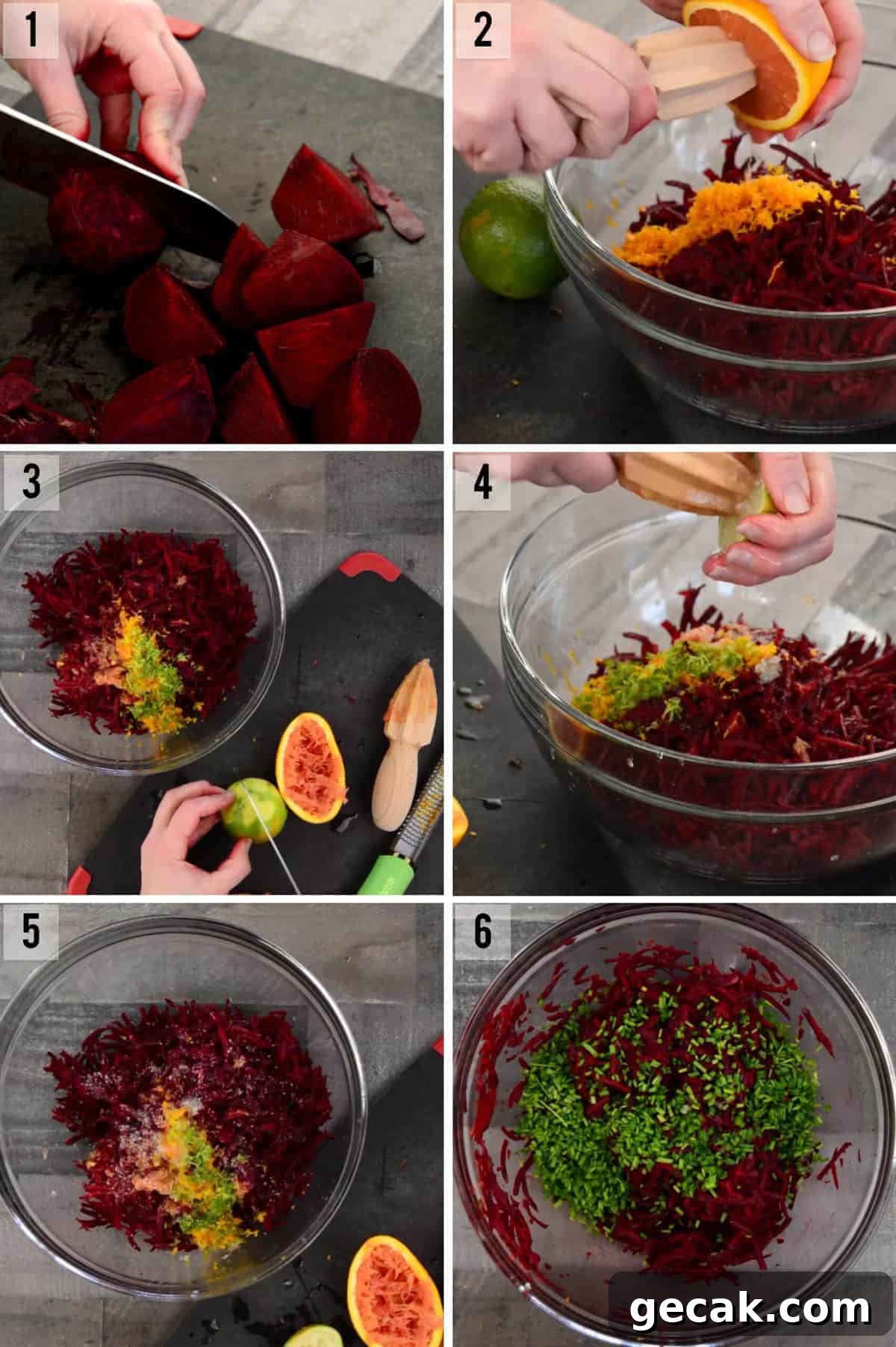 process photos of how to make raw beet salad with shredded beets and citrus