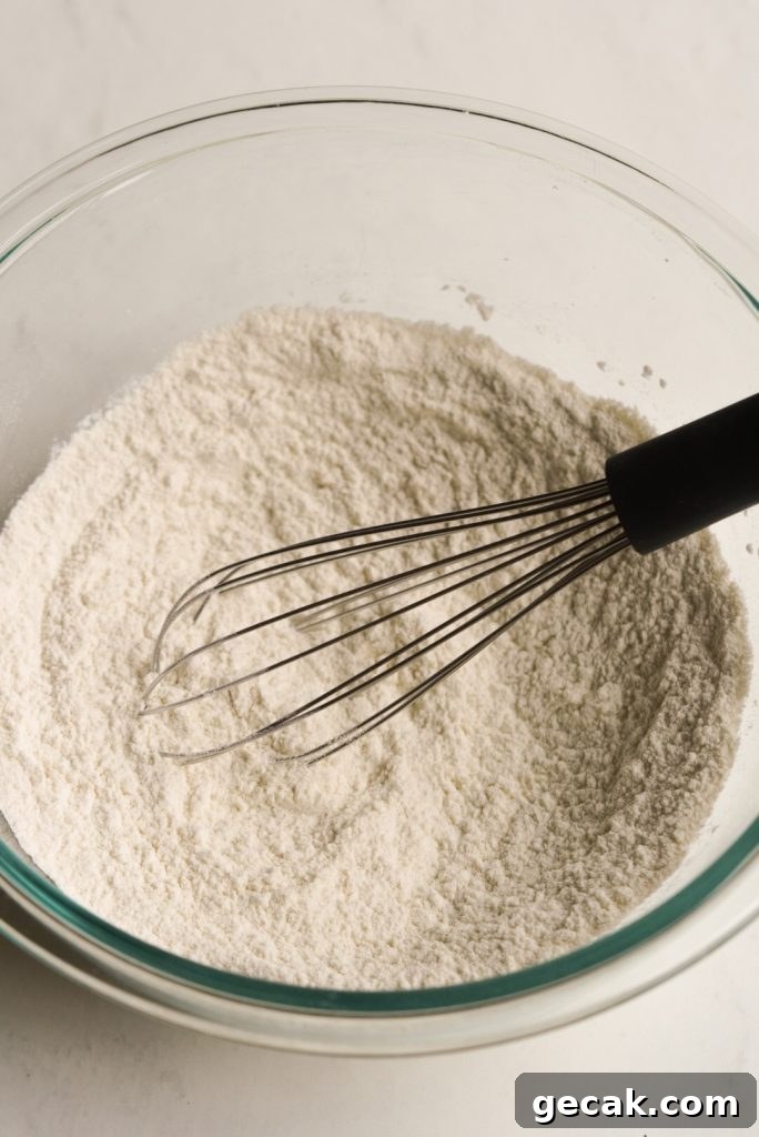 all purpose flour, baking powder, and salt combined in a mixing bowl