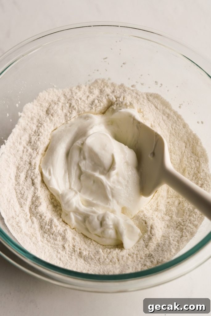 bagel bite dough dry ingredients and greek yogurt in a bowl 