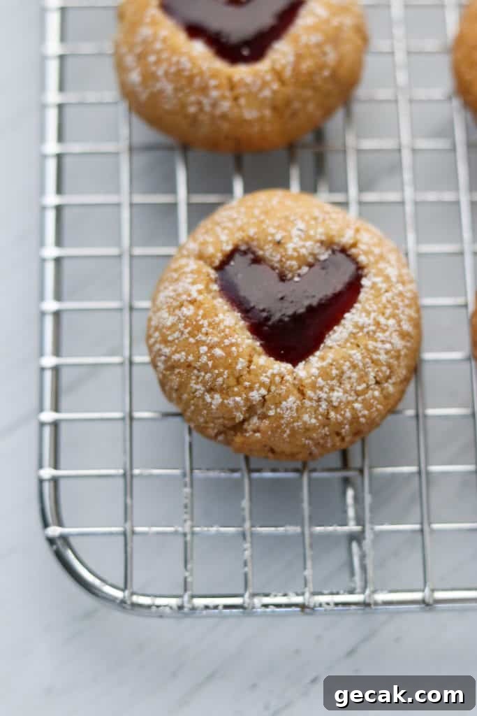 Raspberry Hazelnut Heart Cookies Recipe 3 A close up of a raspberry heart cookie on a cooling rack